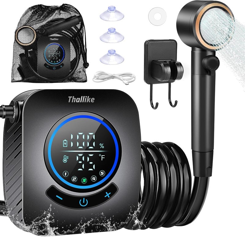 Thallike Upgraded Portable Shower, 8000mAh Rechargeable Camping Shower Pump with Intelligent Display, 5 Pressure Modes, IPX8 Waterproof Lightweight Pocket Outdoor Shower Pump Kit for Hiking, Travel, Car, Pet - Image 1
